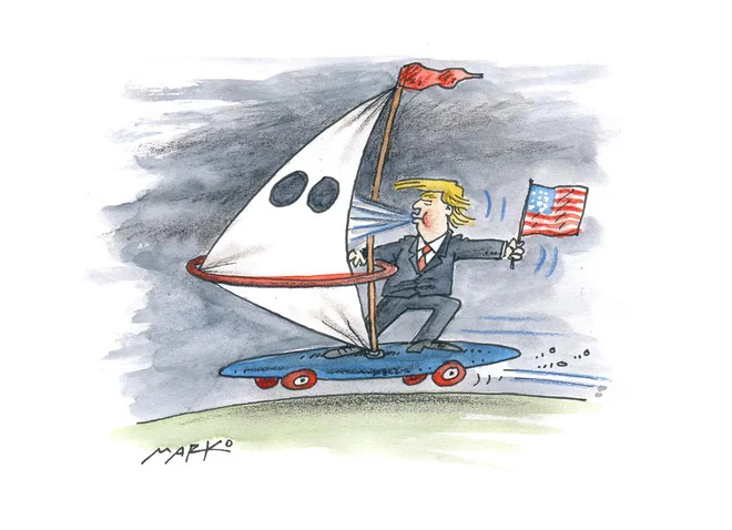 Trumpizem pa virus, ki ne ogroža samo ZDA, ampak daje krila podobnim kreaturam povsod po svetu. KARIKATURA: Marko Kočevar