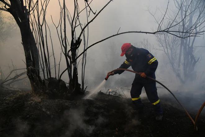 Požar na otoku, ki leži približno 92 kilometrov severno od Aten, trenutno gasi približno 250 gasilcev. FOTO: Michalis Karagiannis/Reuters