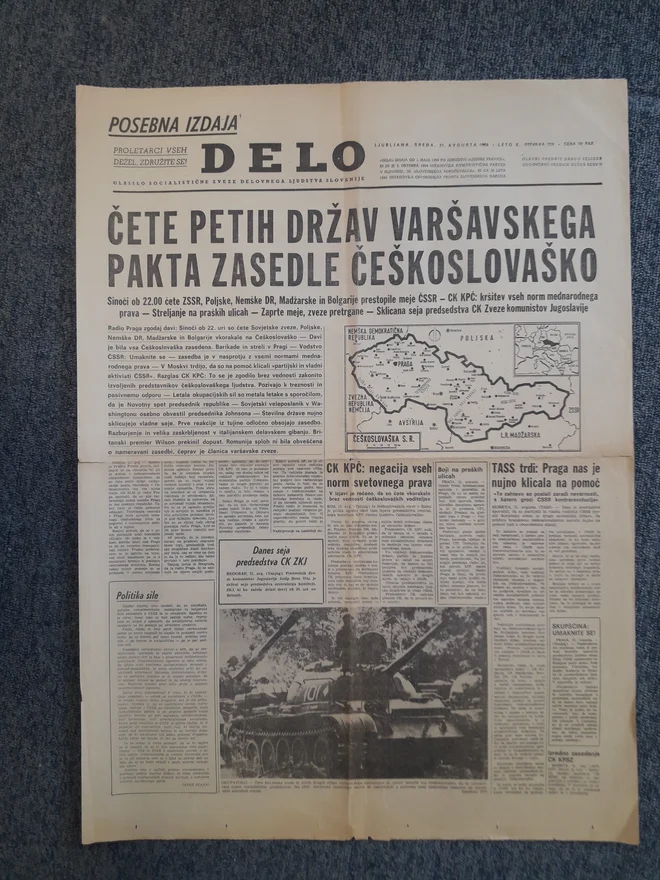 Na današnji dan pred 50 leti. Bratska pomoč sil varšavskega pakta zdravim silam v ČSSR. Izvod je iz zapuščine tedanjega urednika Dela Dušana Benka. VIR: Ali Žerdin