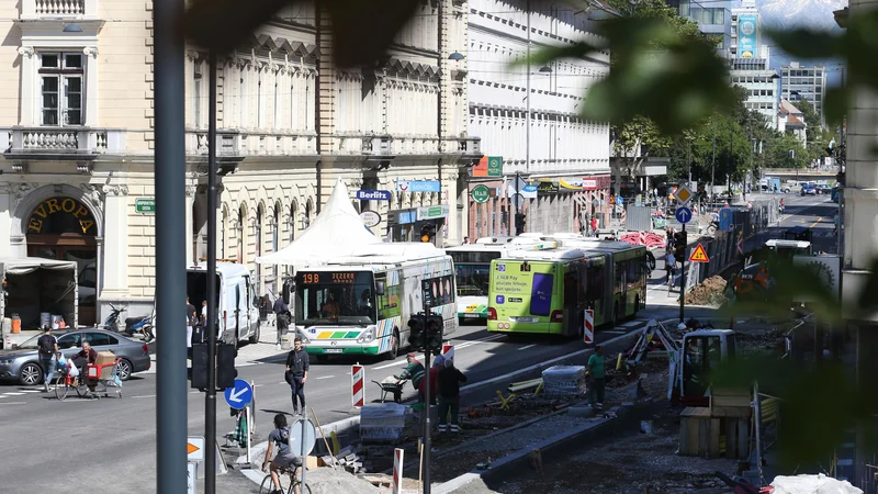 Fotografija: Mestni zelenci se na Slovenski cesti še vedno prebijajo med pešci, kolesarji in gradbeno mehanizacijo. Foto Tomi Lombar