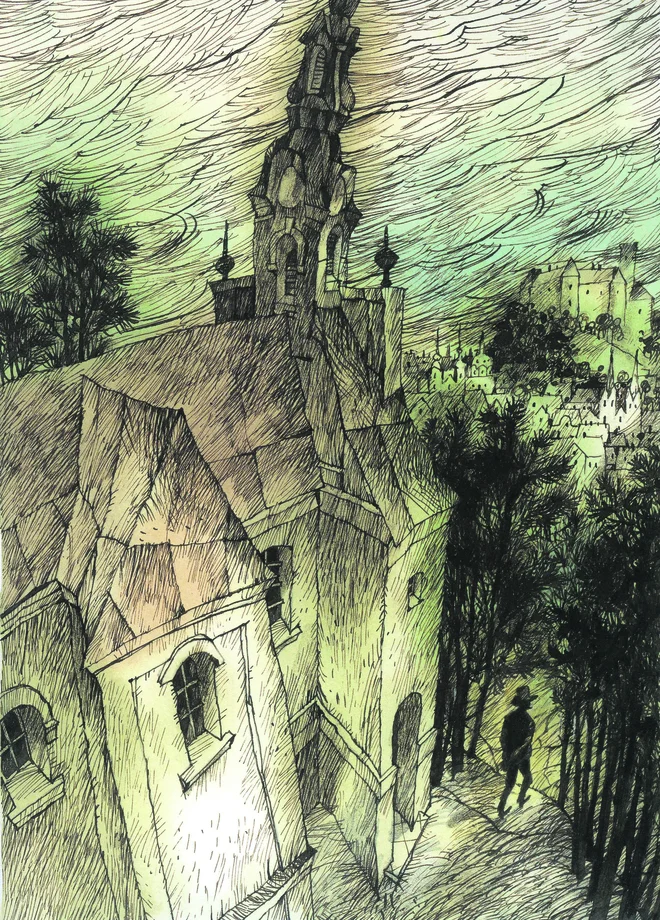 Škerl se v slikanici poigrava tudi s simbolnim pomenom cerkve oziroma preizpraševanjem krivde. Ilustracije Peter Škerl