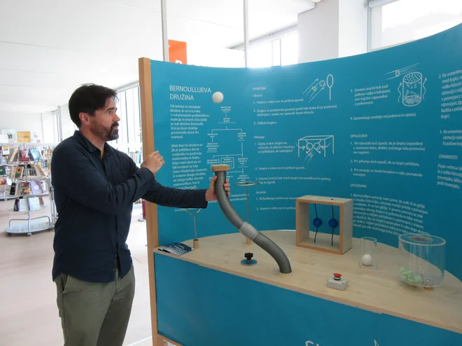 Bernoullijev princip, kot ga lahko razumejo tudi najmlajši in kot ga pokaže Simon Gabrijelčič iz podjetja Fun Science Slovenija. FOTO: Špela Kuralt/Delo