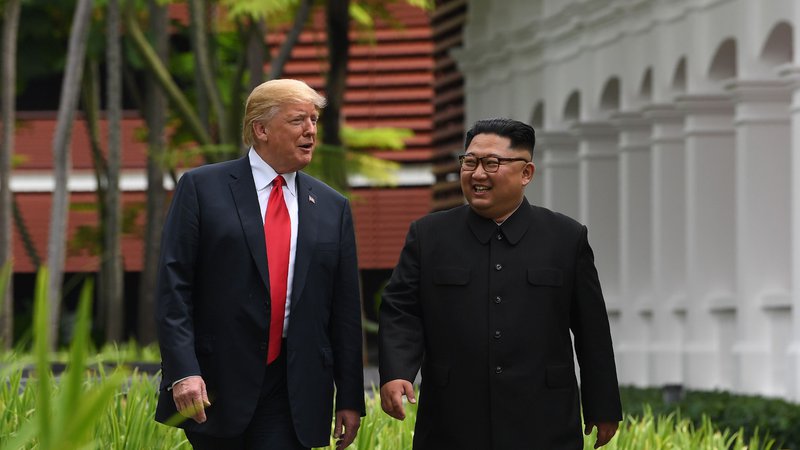 Fotografija: Donald Trump in Kim Džong Un med vrhom v Singapurju FOTO:  Saul Loeb/AFP