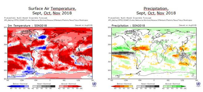 Napovedi temperatur in padavin za obdobje od septembra do novembra. FOTO: World Meteorological Organization
