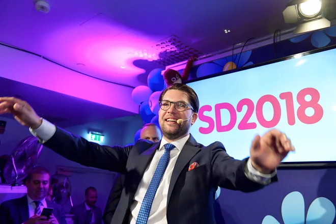 Sweden Democrats party leader Jimmie Akesson speaks on election evening at Kristallen restaurant in central Stockholm, Sweden September 9, 2018. TT News Agency/Anders Wiklund/via REUTERS ATTENTION EDITORS - THIS IMAGE WAS PROVIDED BY A THIRD PARTY. SWEDEN OUT. NO COMMERCIAL OR EDITORIAL SALES IN SWEDEN.