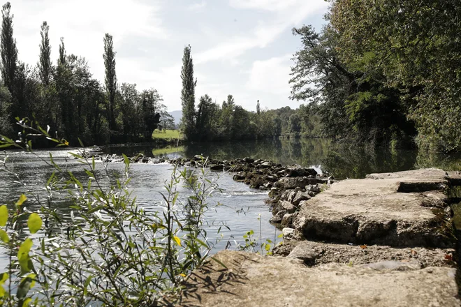 Pribežniki v Učakovcih čez reko največkrat prehajajo po jezu. FOTO: Uroš Hočevar/Delo