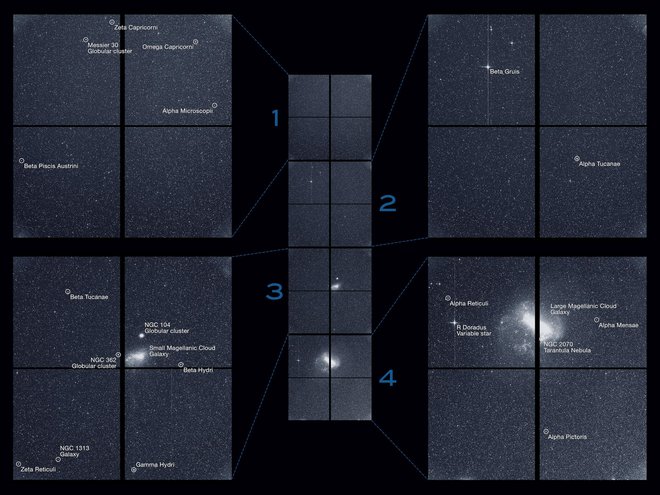 TESS je ta del neba slikala v 30-minutnem obdobju opazovanj 7. avgusta. Gre za kombinacijo posnetkov vseh štirih kamer. Lepo so vidni Veliki in Mali Magellanov oblak, jata galaksij NGC 104, znana pod imenom 47 Tucanae. Desno na sliki je tudi zvezda Alfa Mensae, ki je nasvetlejša v ozvezdju Mensa, v katerem so okrili tudi opisani planet. FOTO: NASA/MIT/TESS
