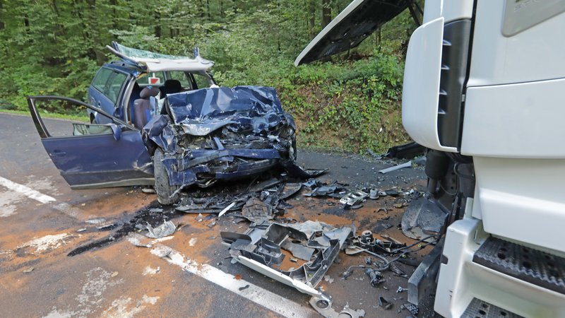 Fotografija: V trčenju se je voznik osebnega avtomobila tako hudo telesno poškodoval, da je na kraju prometne nesreče umrl. FOTO: Tadej Regent