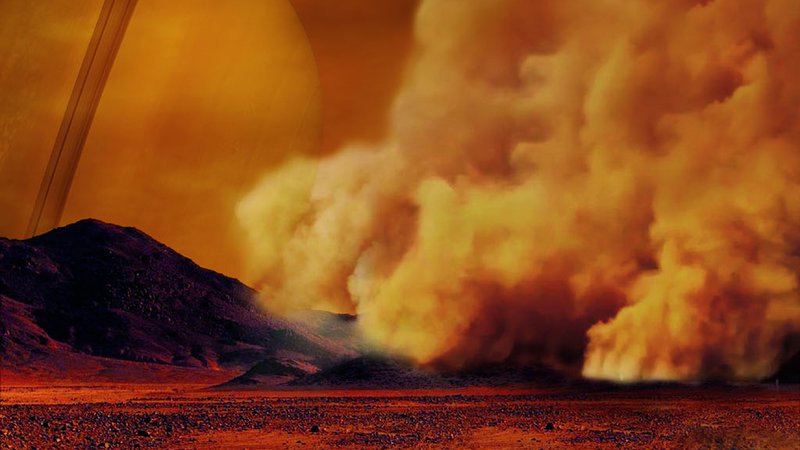 Fotografija: Umetniška upodobitev prašnega viharja na Titanu FOTO: IPGP/Labex UnivEarthS/University Paris Diderot