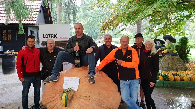 Fotografija: Zmagovalec državnega prvenstva za najtežjo bučo Uroš Fifolt na svoji 607 kg težki buči. FOTO: Mozirski gaj