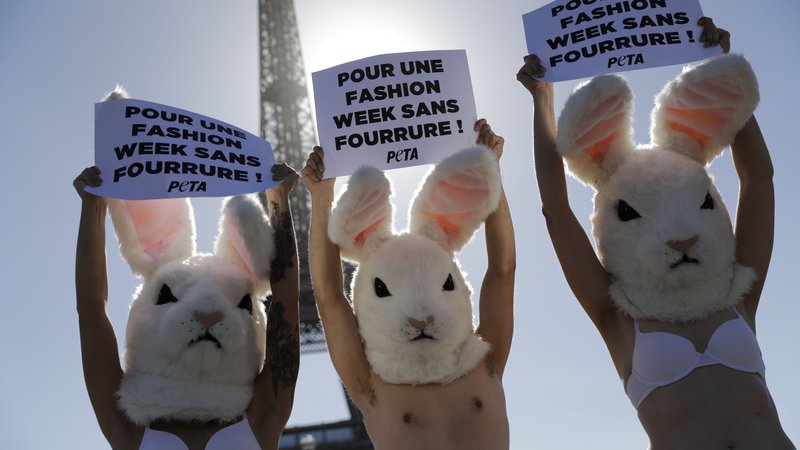 Fotografija: Aktivisti organizacije za zaščito živali Peta (Peoples for Ethical Treatment of Animals) nosijo zajčje kostume na protestu pred Eifflovim stolpom in zahtevajo, naj se na tednu mode, ki te dni poteka v Parizu, na modnih pistah ne promovirajo oblačila, narejena iz živalskega krzna. FOTO: Thomas Samson/AFP