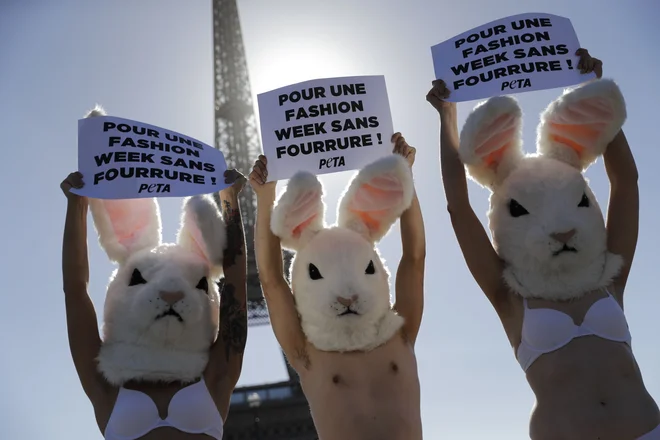 Aktivisti organizacije za zaščito živali Peta (Peoples for Ethical Treatment of Animals) nosijo zajčje kostume na protestu pred Eifflovim stolpom in zahtevajo, naj se na tednu mode, ki te dni poteka v Parizu, na modnih pistah ne promovirajo oblačila, narejena iz živalskega krzna. FOTO: Thomas Samson/AFP
