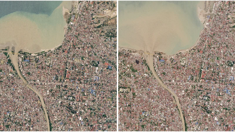 Fotografija: Palu 22. septembra (levo) in 1. oktobra (desno) FOTO: Planet Labs Inc/Reuters