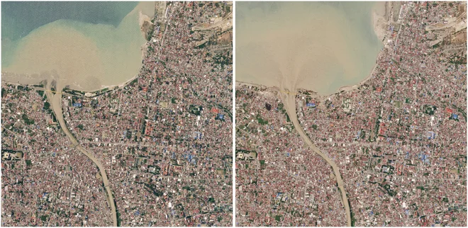 Palu 22. septembra (levo) in 1. oktobra (desno) FOTO: Planet Labs Inc/Reuters