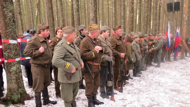 Fotografija: Spominski dolenjski bataljon je navzoč na vseh prireditvah, kamor ga organizatorji povabijo. V začetku leta so se oboroženi z muzejskim orožjem poklonili pobitim partizanskim junakom legendarnega Pohorskega bataljona na Osankarici. FOTO: Bojan Rajšek/Delo