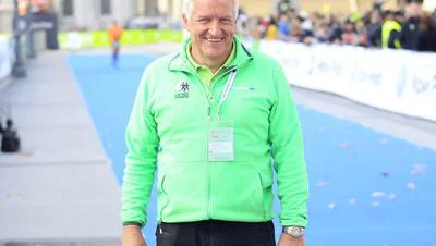Fotografija: Gojko Zalokar lani v cilju na maratonu v prestolnici Foto Roman Šipić