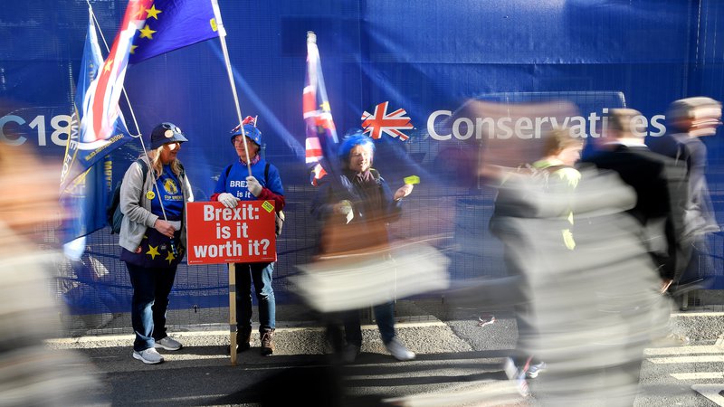 Fotografija: Nasprotniki britanskega izstopa iz EU protestirajo pred prizoriščem kongresa konservativne stranke v Birminghamu. FOTO: REUTERS/Toby Melville 