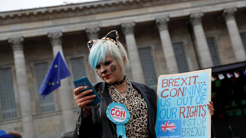 Fotografija: V Birminghamu je ta teden potekala letna konferenca konservativne stranke, na kateri je premierka Theresa May zagovarjala brexit - čeprav je bila sama nekoč proti njemu -, zato so se v mestu zbrali nasprotniki odhoda Velike Britranije iz EU. FOTO: Reuters