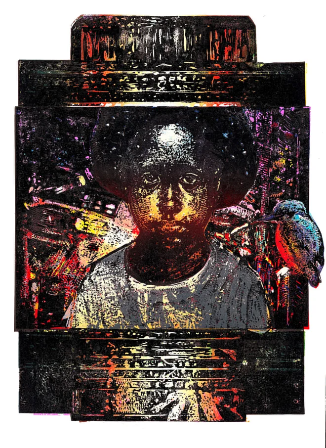 Helena Tahir: <em>Grafika (3) iz serije Osvetlitve</em>, 2015, barvni linorez in ročni tisk. FOTO: Arhiv ZDSLU