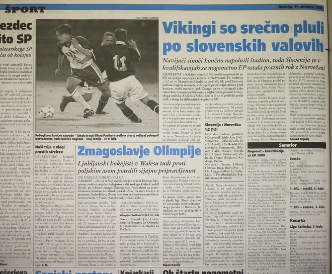 Nedelovo poročilo po prvem snidenju z Norvežani (10. 10. 1998) in zmagi vikingov za Bežigradom. Foto Jože Suhadolnik