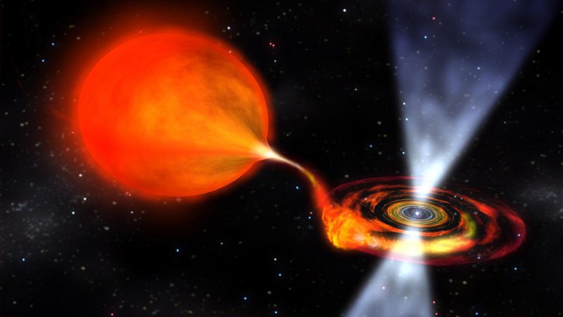 Fotografija: Zvezda, ki je eksplodirala kot supernova z oznako iPTF 14gqr, naj bi imela spremljevalno nevtronsko zvezdo, ki ji je s svojo gravitacijsko silo ukradla snov. Na sliki je ilustracija pretoka snovi z običajne zvezde na nevtronsko zvezdo. FOTO: Nasa