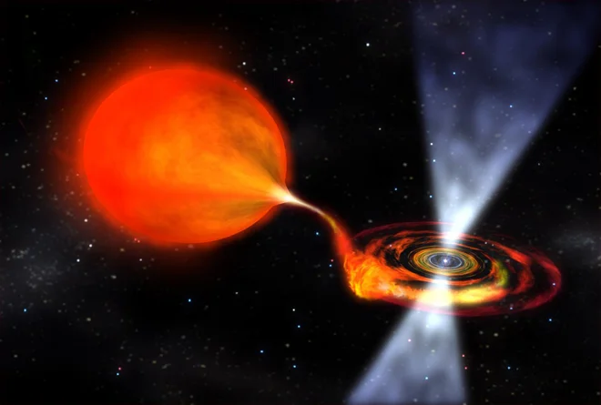 Zvezda, ki je eksplodirala kot supernova z oznako iPTF 14gqr, naj bi imela spremljevalno nevtronsko zvezdo, ki ji je s svojo gravitacijsko silo ukradla snov. Na sliki je ilustracija pretoka snovi z običajne zvezde na nevtronsko. Foto Nasa
