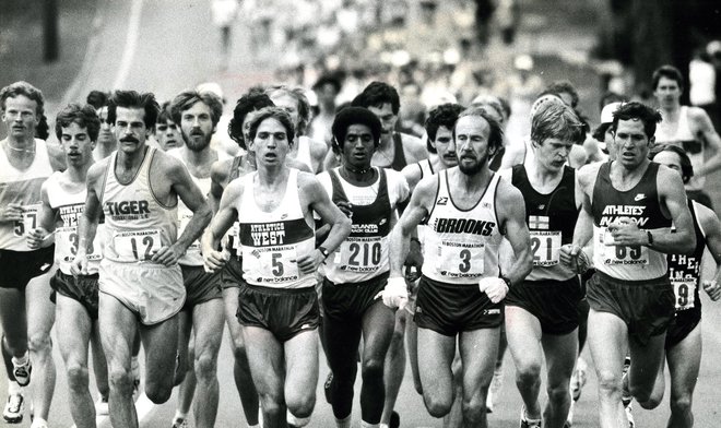 BOSTON - APRIL 18: The pack at the start of the race in Hopkinton. Grey Meyer, the eventual winner, led wearing number 3. The top five finishers were all Americans: Ron Tabb was second, Benji Durden, third, Ed Mendoza, fourth and Chris Bunyan finished fif