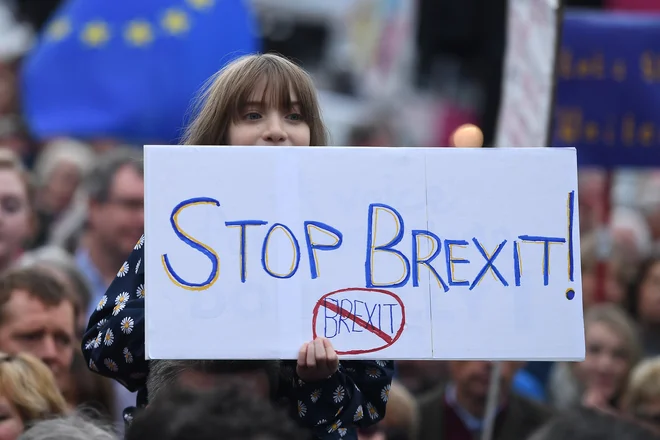 Na protestu so zahtevali referendum o končnem dogovoru. FOTO: Clodagh Kilcoyne/Reuters