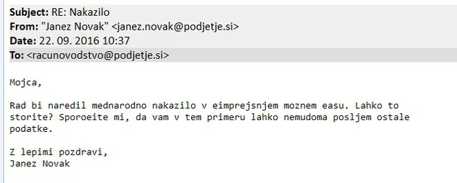 Sporočilo naj bi bilo poslano z direktorjevega emaila. FOTO: Varninainternetu.si