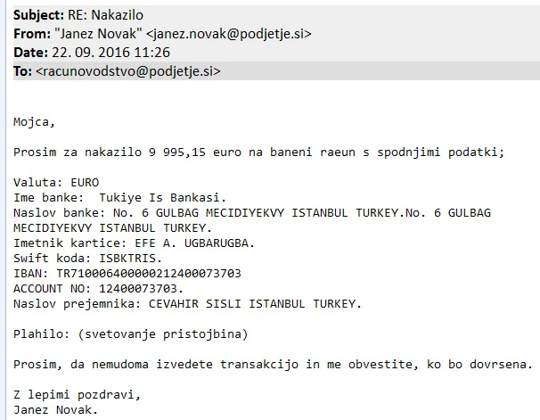 Po uspešno izvedeni goljufiji, natančneje nakazilu, je za zdaj še neznani pošiljatelj naslednji dan zaposleni poslal novo naročilo. FOTO: Varninainternetu.si