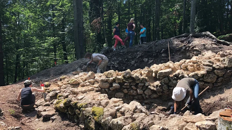 Fotografija: Arheologi na delu pri ohranjanju obrambnega sistema Claustra Alpium Iuliarum na Benetah na Dolenjskem. FOTO: ZVKDS