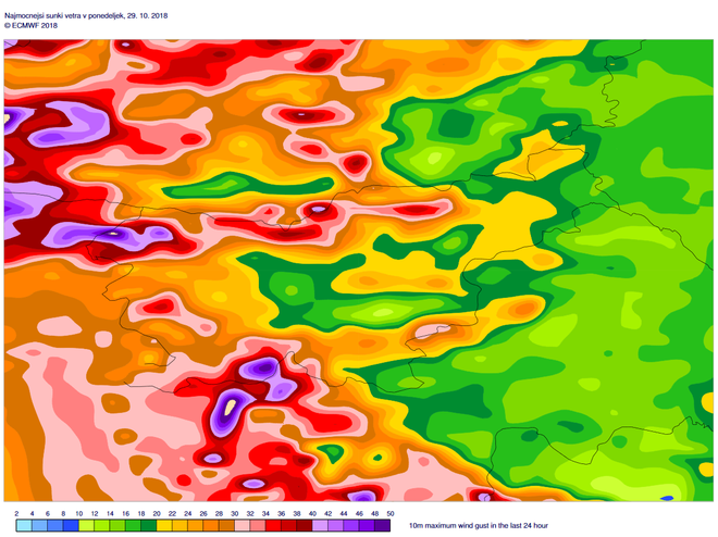 Izračun maksimalne hitrosti vetra v ponedeljek, 29. oktobra, krajevno presega rušilne hitrosti. FOTO: Arso
