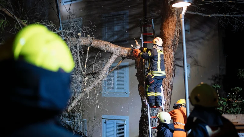 Fotografija: Gasilci med odstranjevanjem posledic vetroloma v Kopru. FOTO: Jure Makovec/AFP