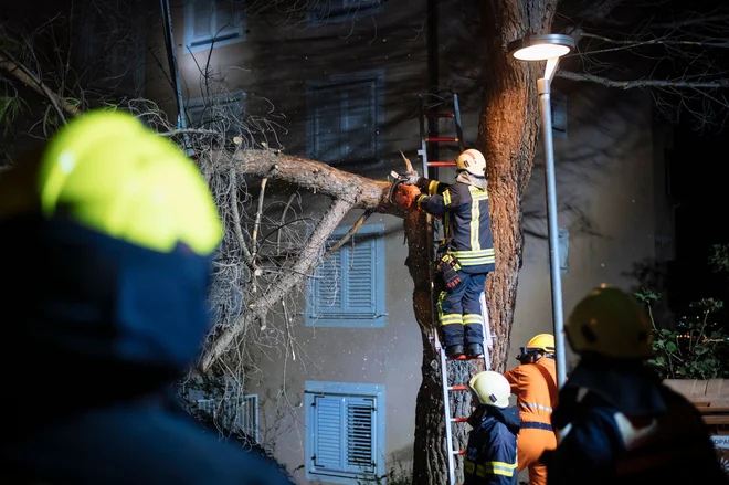 Gasilci med odstranjevanjem posledic vetroloma v Kopru. FOTO: Jure Makovec/AFP