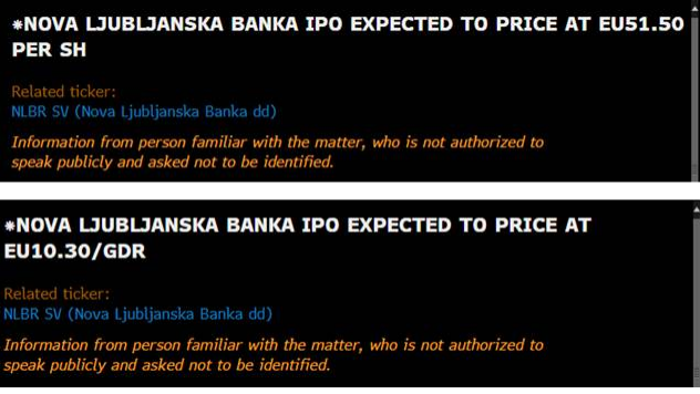 Sodeč po sporočilu na portalu Bloomberg bo cena delnic NLB v javni prodaji 51,5 evra.