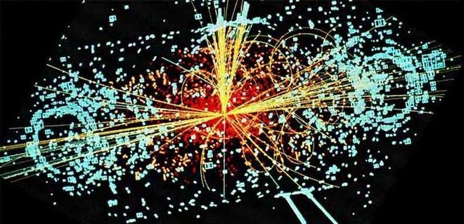 Grafični prikaz Higgsovega bozona med razpadom v dva snopa hadronov in dva elektrona. Vir Kolaboracija CMS/Cern