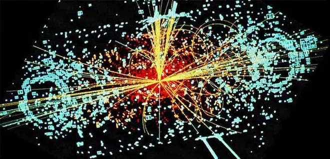 Grafični prikaz Higgsovega bozona med razpadom v dva snopa hadronov in dva elektrona. Vir Kolaboracija CMS/Cern