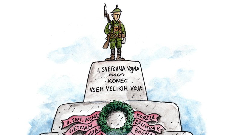 Fotografija: Vojna se je pred stoletjem končala, ni pa se začelo obdobje trajnega miru. Karikatura: Marko Kočevar 