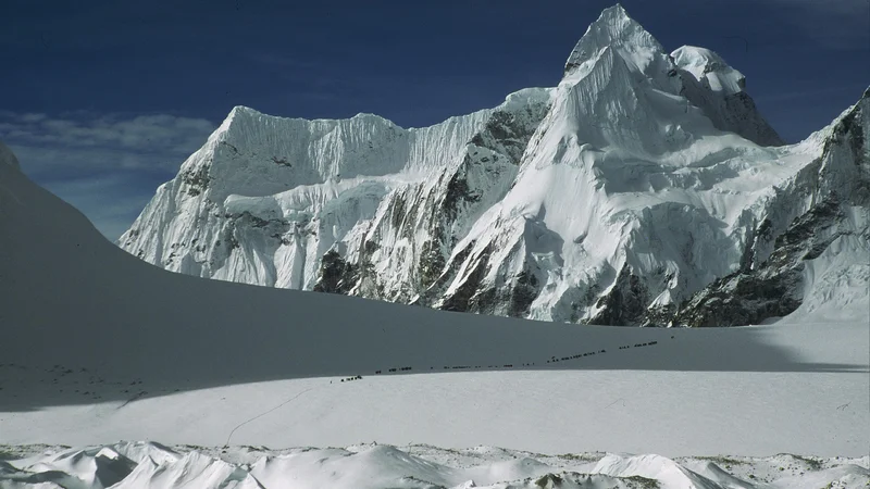 Fotografija: 5700 metrov visoko sedlo Nangpa La s karavano, ki se mu bliža s tibetanske strani leta 2001. FOTO: Viki Grošelj