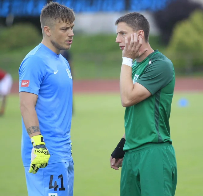 Nejc Vidmar (levo) se bo zaradi poškodbe Aljaža Ivačiča bržčas vrnil v ljubljanska vrata, Andrej Vombergar pa bo igral tudi za simpatije bodočega selektorja. FOTO: Roman Šipić/Delo