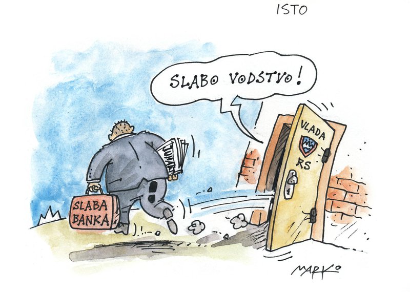 Fotografija: Slaba banka kljub novim šefom z uglednimi imeni ostaja avgijev hlev. Karikatura: Marko Kočevar 