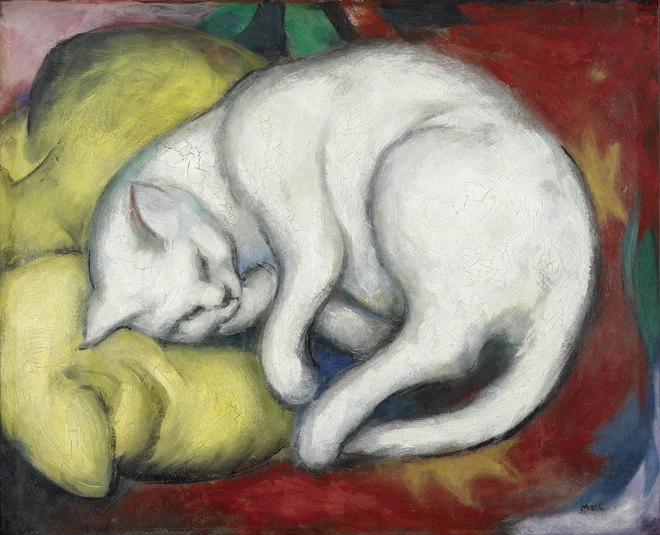 Franz Marc: Bela mačka na rumeni blazini, olje na kartonu