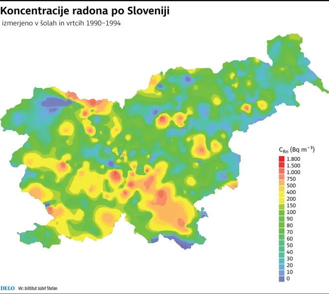 Koncentracije radona po Sloveniji FOTO: Delo/infografika