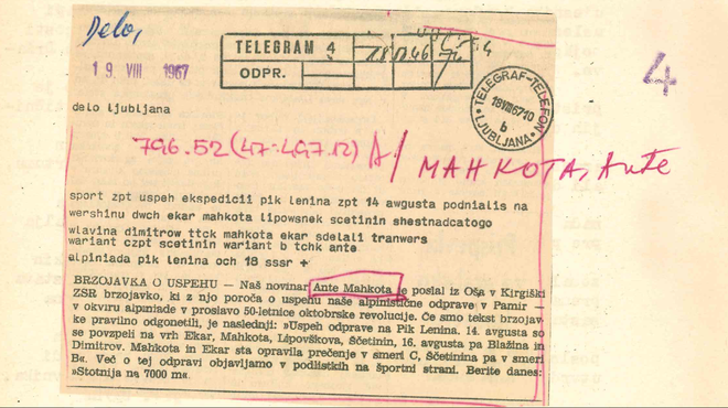 Brzojavka iz leta 1967, s katero je odprava javila na Delo, da so dosegli Pik Lenina. FOTO: Arhiv Dela