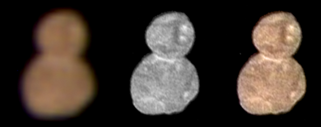 Barvna fotografija. Barvni posnetek na levi je nastal na oddaljenosti 137.000 km. Posnela ga je kamera MVIC, ki kombinira bližnji infrardeči, modri in rdeči spekter. Srednjo sivo fotografijo je posnela kamera LORRI, ki ima boljšo resolucijo. Tretj podoba 