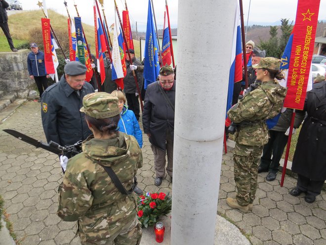 Številni prapori, nekaj delegacij in pripadnici novomeške inženirske enote Slovenske vojske so se poklonili pred spomenikom Štirinajste v Dolnjem Suhorju. Foto Bojan Rajšek