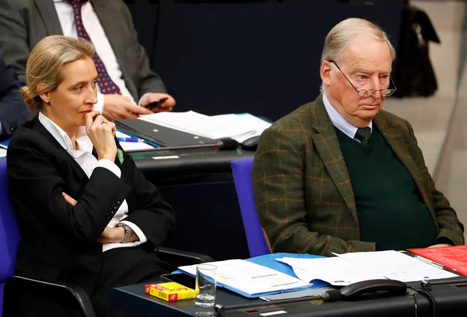 Alice Weidel in Alexander Gauland pričakujeta ugoden izid za AfD na majskih volitvah za evropski parlament. Foto Reuters