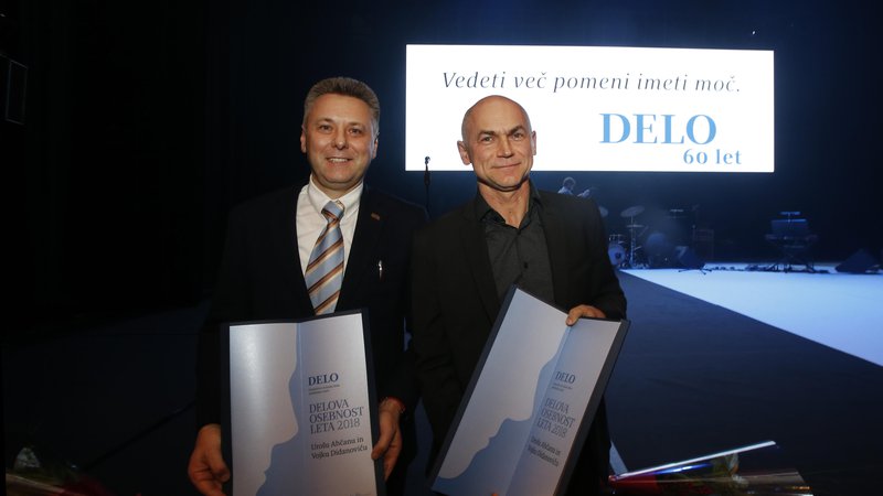 Fotografija: Delovi osebnosti leta 2018 dr. Uroš Ahčan in dr. Vojko Didanovič sta nagrado razumela kot spodbudo za nadaljevanje vrhunskega dela. FOTO: Matej Družnik
