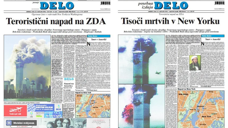 Fotografija: Naslovnici redne in posebne izdaje Dela po terorističnem napadu na ZDA 11. septembra 2001. FOTO: Dokumentacija Dela 