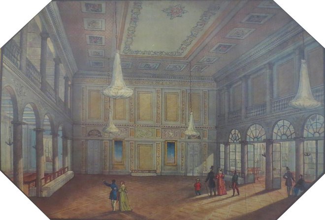 Plesna dvorana v ljubljanski Kazini na severnem delu Kongresnega trga leta 1839 (litografija). Wikipedija. Na vzhodnem delu Kongresnega trga pa je bilo nemško stanovsko gledališče.  Foto Wikipedija